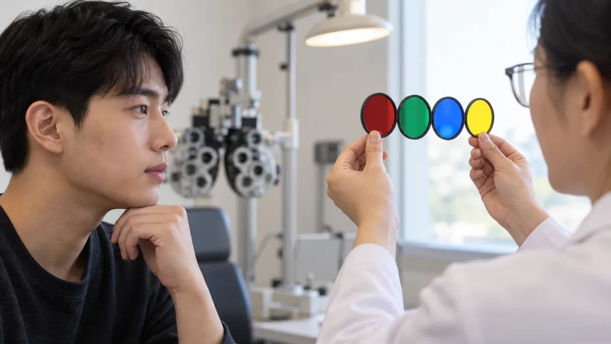 색각 기준을 생각하며 빨강·초록·파랑·노랑 색 견본을 보는 지원자