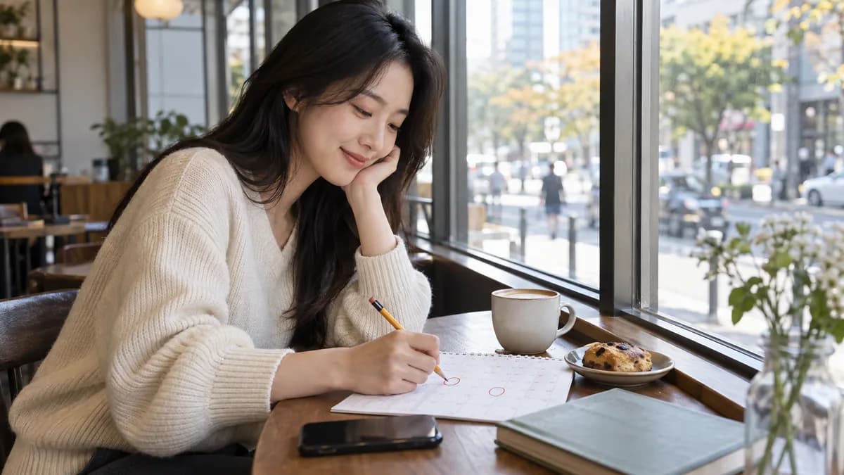 카페에서 달력의 두 날짜를 표시하는 성인 여성