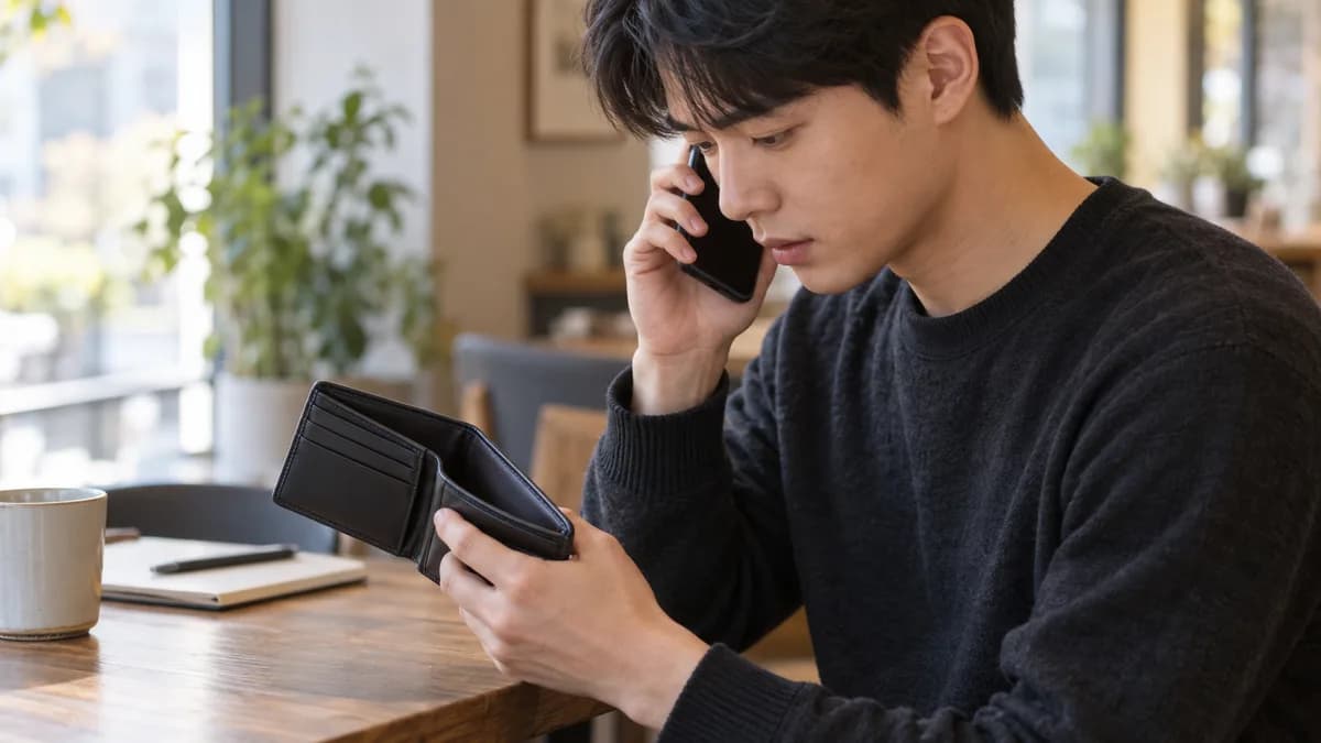 빈 카드칸이 있는 지갑을 보며 분실신고 전화를 거는 청년