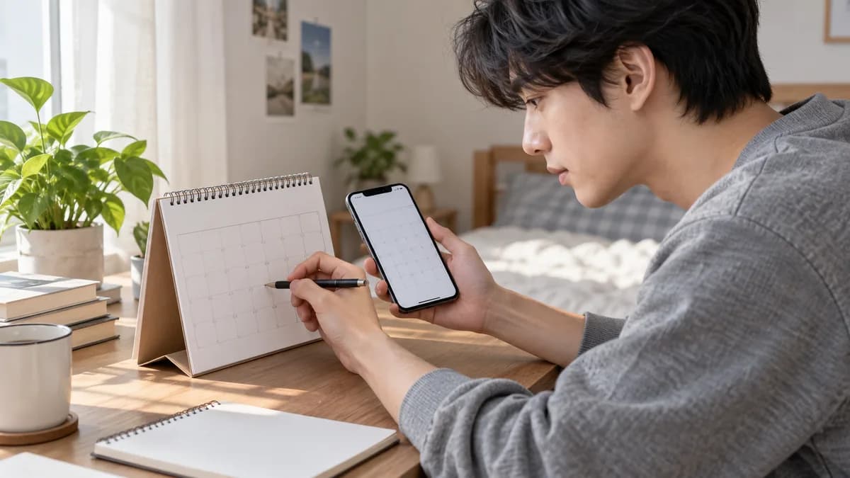 달력과 휴대전화를 보며 검사 날짜를 살피는 청년