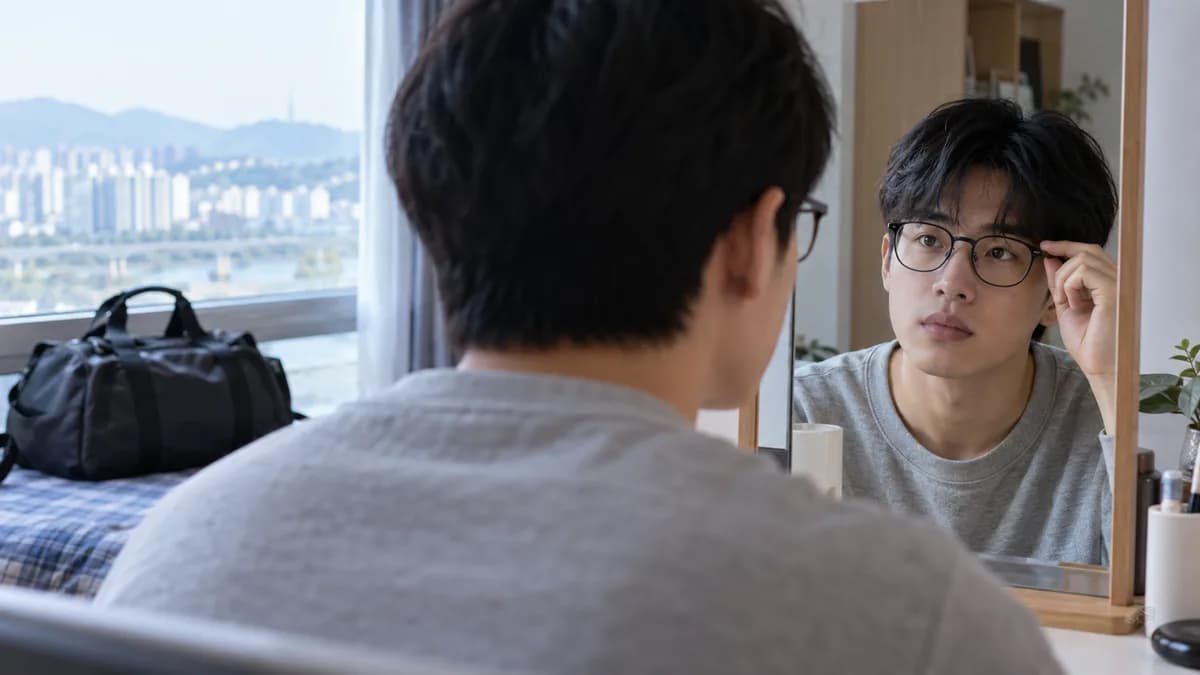 거울 앞에서 안경을 고쳐 쓰는 지원자