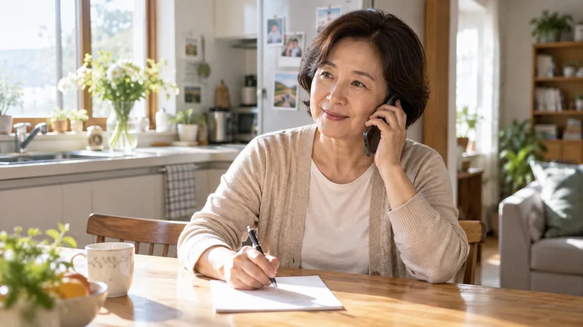 집에서 전화를 걸며 메모하는 성인 보호자