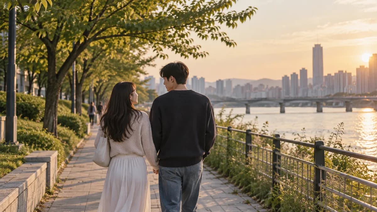 입영 전 연인이 강변 산책로를 함께 걷는 모습