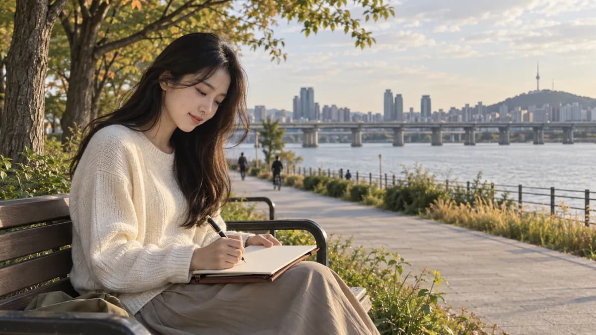 한강변 벤치에서 첫 편지를 쓰는 성인 여성
