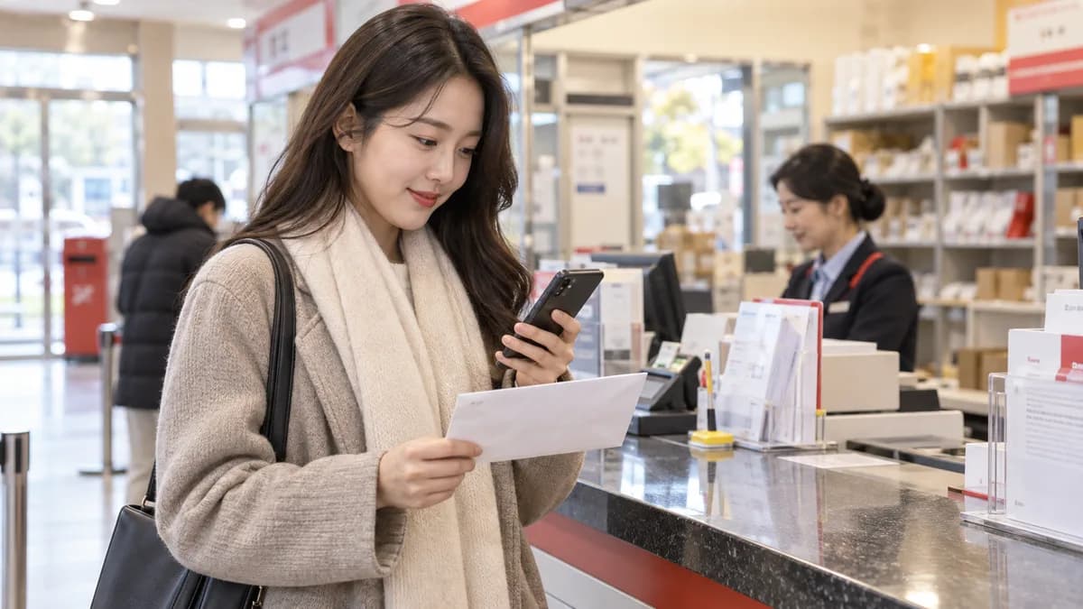 우체국에서 편지 봉투와 휴대전화를 확인하는 성인 여성