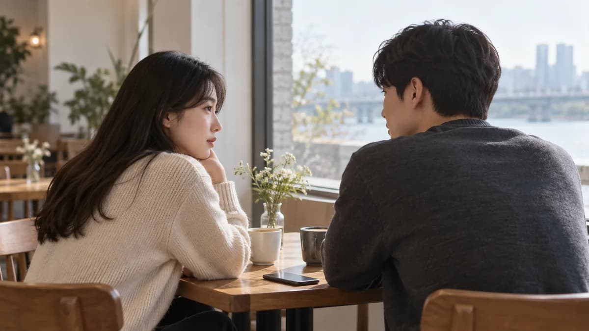 카페에서 마주 앉아 차분히 대화하는 두 사람