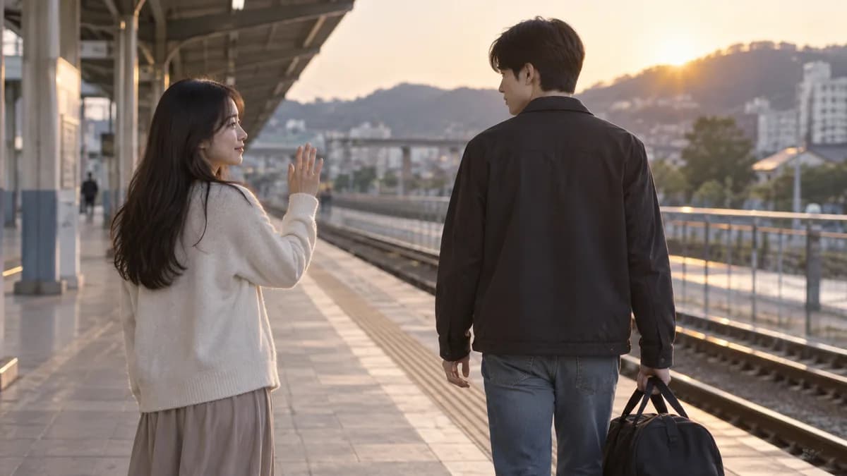 휴가 복귀를 앞두고 기차역에서 연인이 인사하는 모습