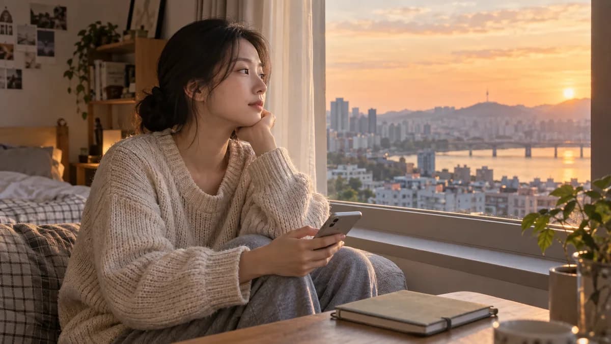 창가에서 휴대전화를 들고 답장을 기다리는 성인 여성