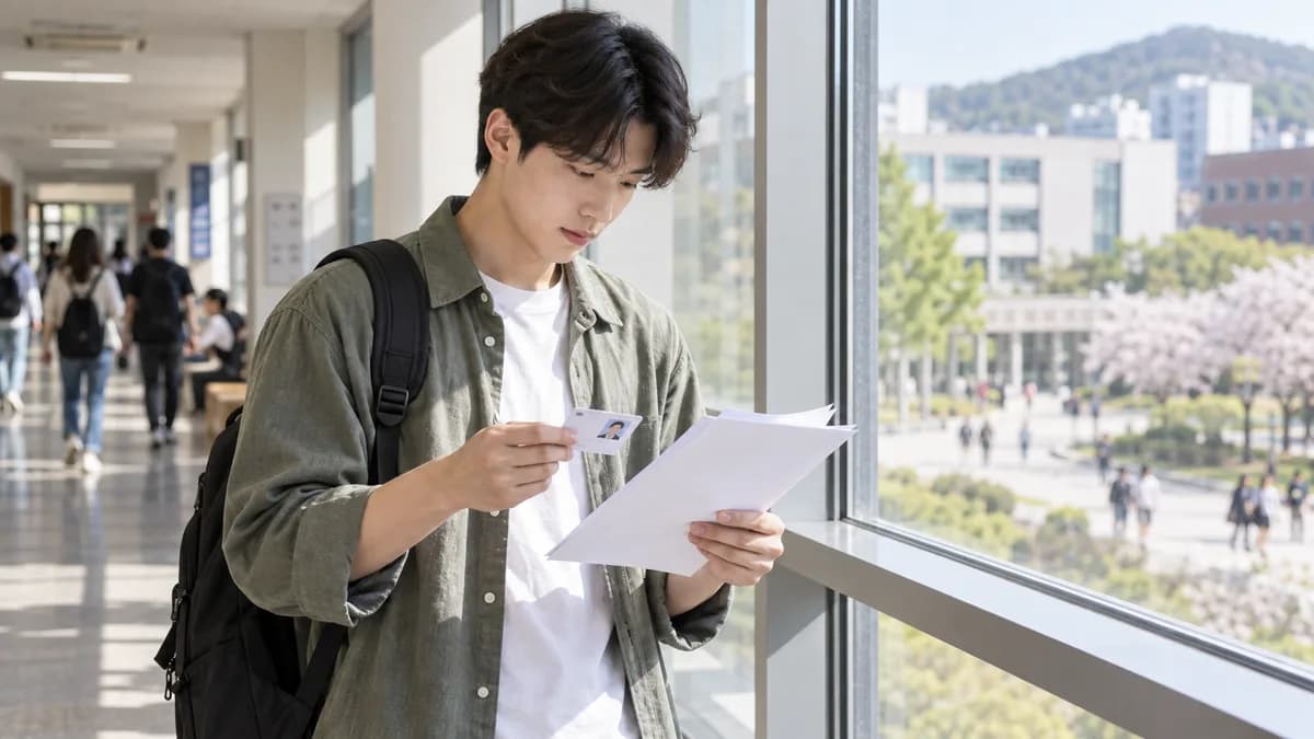 대학 복도에서 학생증과 서류를 확인하는 학생